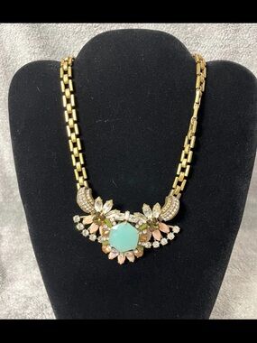 NWT Vintage J.Crew Crystal Necklace Rhinestone gold chain mint pink floral